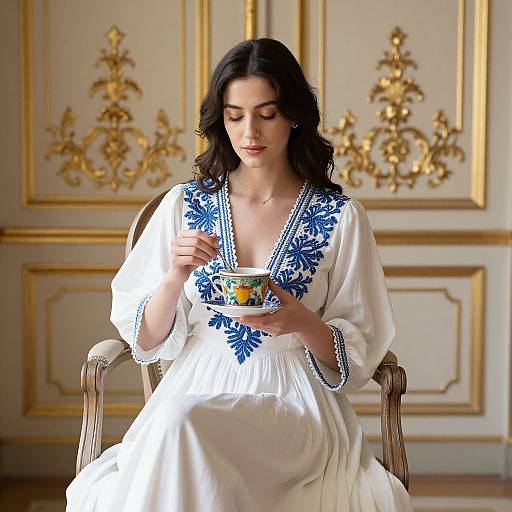 Photograph of a beautiful woman with long dark hair, wearing a white dress with blue floral embroidery, sitting in an ornate gold-accented room