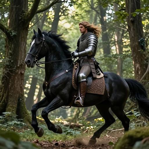 Photograph of a blonde, armored warrior riding a galloping black horse through a sun-dappled forest, surrounded by tall trees.
