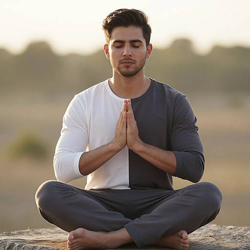 Photograph of a young man with dark hair and beard, wearing a white and gray long-sleeve shirt and black pants, sitting in a lot