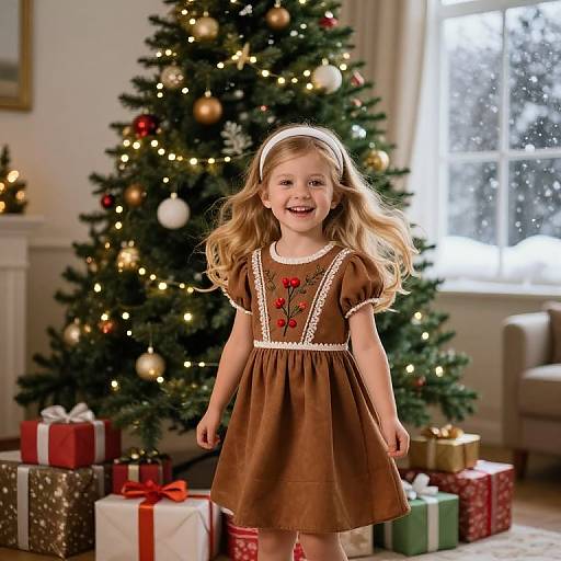 Joyful Girl by Festive Christmas Tree