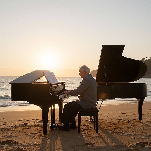 Photograph of an elderly man with white hair playing a grand piano on a beach at sunset, with the sun glowing behind him and ocean waves in the