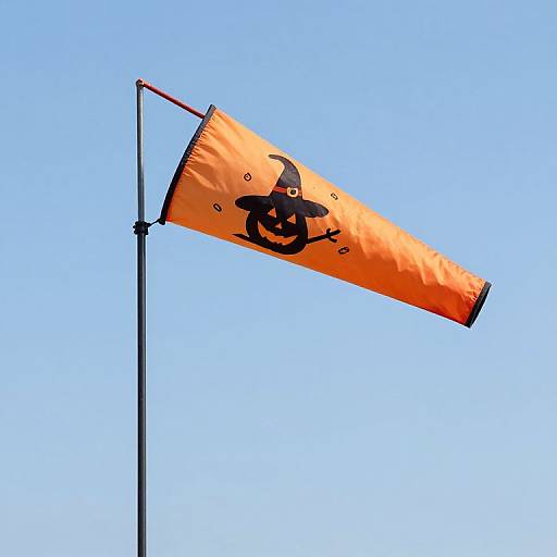 Photograph of an orange flag with a black pirate hat and skull design, flying on a pole against a clear blue sky.