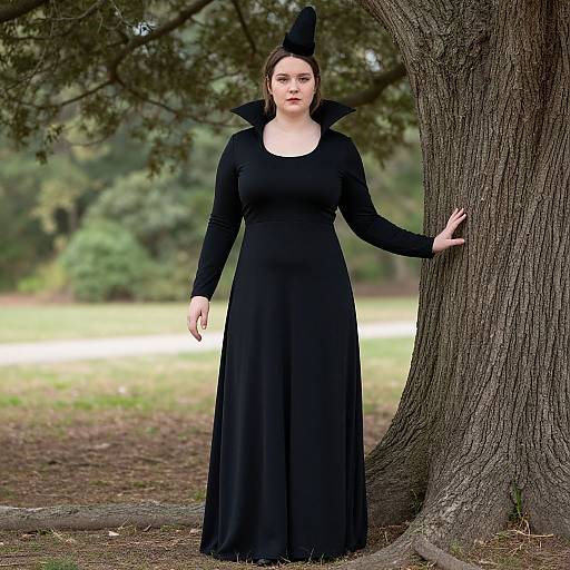 Photograph of a pale woman with dark hair, wearing a black long-sleeve dress and tall hat, standing against a tree in a forest.
