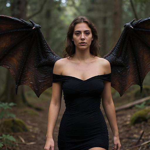 Photograph of a woman with dark wings, black off-shoulder dress, standing in a forest, looking serious, with lush greenery in the