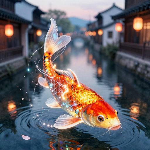 Luminous Cyberpunk Koi Carp in Urban Canal