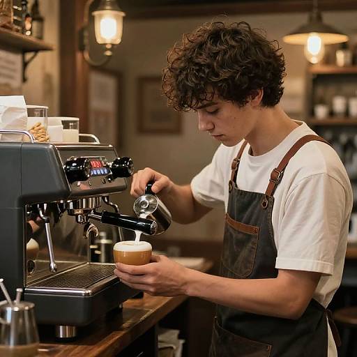 Photograph of a young man with curly brown hair, wearing a white shirt and dark apron, carefully pouring espresso from a machine in a cozy,