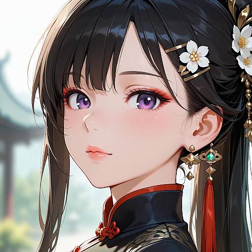 Digital anime-style portrait of a beautiful young woman with black hair, purple eyes, white flower hairpin, and traditional Chinese attire.