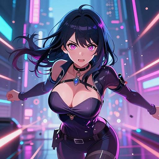 Digital anime-style artwork of a fierce, black-haired woman with purple eyes, large breasts, and a black, cleavage-revealing outfit, running