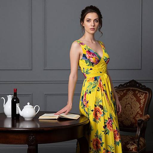 Photograph of a slender, dark-haired woman in a vibrant yellow floral dress, standing by a wooden table with white teapot, book, and wine