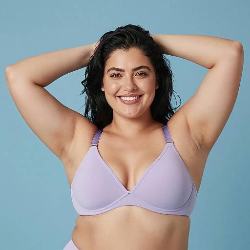 Plus-Sized Woman in Light Purple Bra Smiling