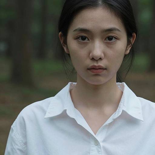 Photograph of an Asian woman with straight black hair, wearing a white button-up shirt, standing in a blurred forest background.
