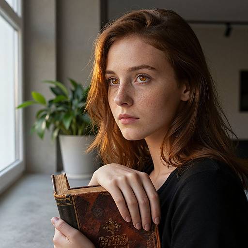 Photograph of a pensive young woman with fair skin, freckles, and brown hair, holding an old book, bathed in natural light