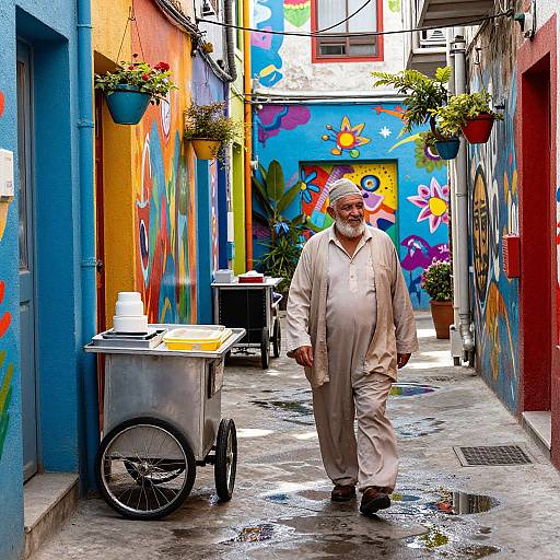 Colorful City Alley with Elderly Man