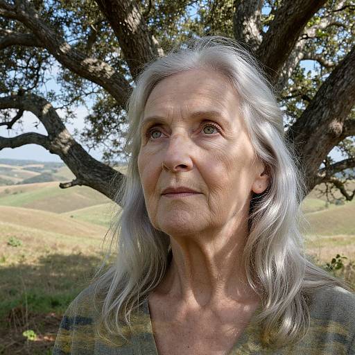 Photograph of an elderly woman with long silver hair, blue eyes, and fair skin, standing in a sunlit, tree-filled countryside.
