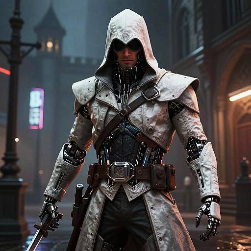Futobot Cloaked Cyberpunk Assassin in Medieval City