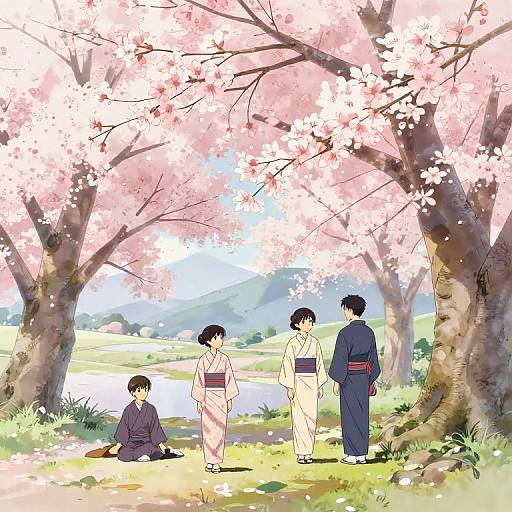 Anime-style digital drawing of four people in traditional kimonos standing under cherry blossoms, with a river and green hills in the background.