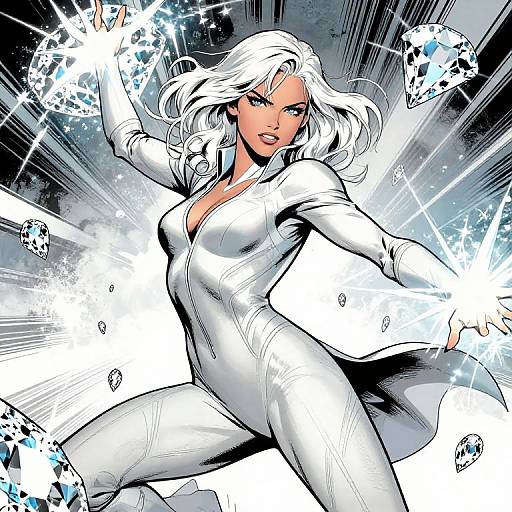 Comic-style illustration of a white-haired woman in a tight, white, zip-up suit, wielding glowing energy, surrounded by sparkling shards.
