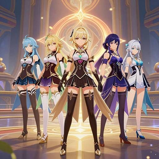 Digital anime-style artwork of five female characters in elaborate, fantasy-inspired outfits, standing in a glowing, ornate hall. Each has unique hair colors and
