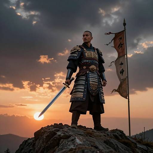 Photograph of a samurai warrior in elaborate armor, holding a sword, standing on a rocky peak at sunset, with a Japanese flag in the background