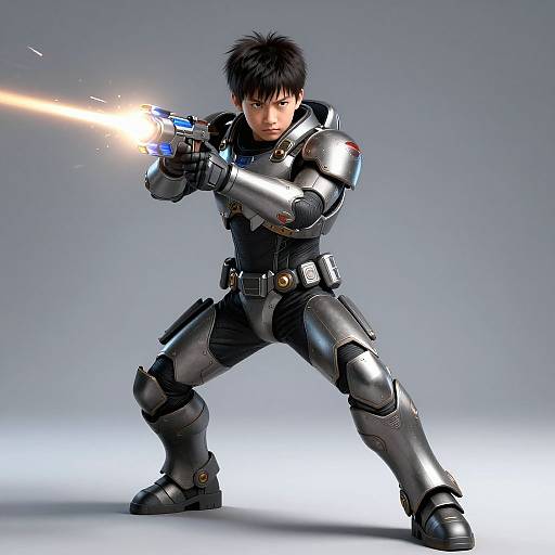 Digital artwork of an Asian male in sleek black futuristic armor, wielding a glowing gun, crouching in a ready stance.