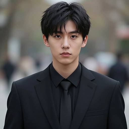 Photograph of a young Asian man with black hair, wearing a black suit and tie, standing in a blurred urban background.