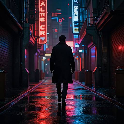 Silhouetted man in coat walks down neon-lit, rain-soaked urban alley at night, vibrant red, blue, and pink lights reflecting