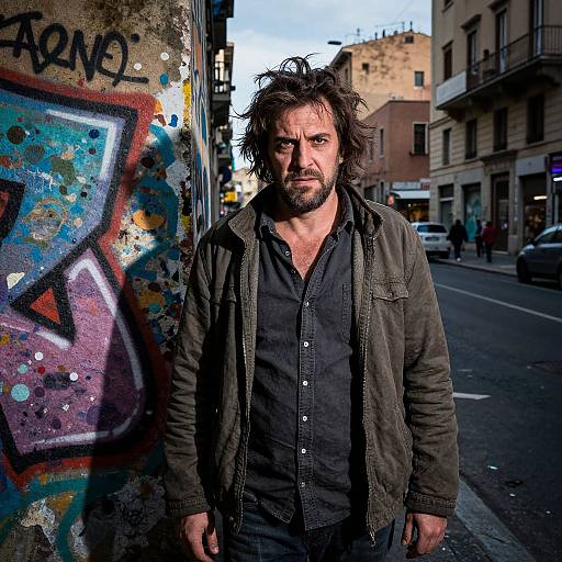 Photograph of a rugged, bearded man with disheveled hair, wearing a dark jacket and black shirt, standing against a graffiti-covered wall in