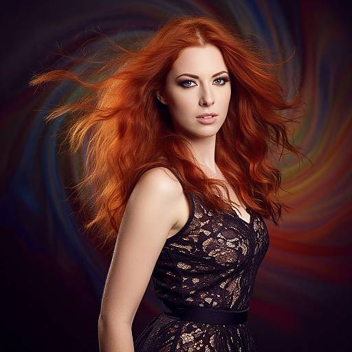 Photograph of a pale-skinned woman with vibrant red hair, wearing a black lace dress, against a swirling, colorful abstract background.