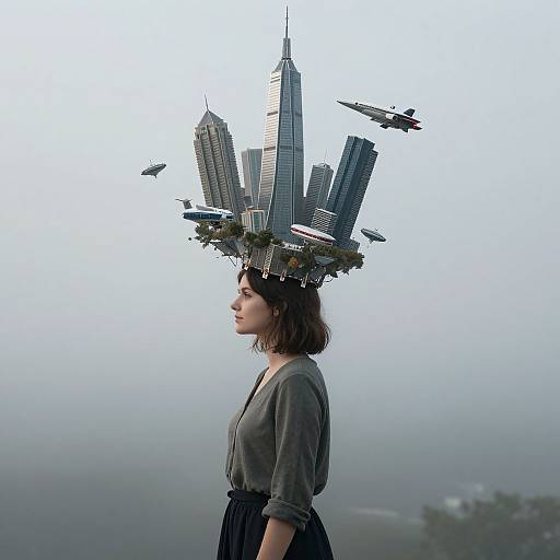 Photograph of a young woman with short brown hair, wearing a grey blouse and black skirt, standing side profile with a futuristic cityscape of skyscrap