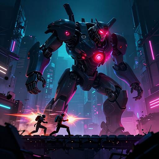 Cyberpunk cityscape at night, featuring a towering, glowing red-eyed, dark mech towering over a small, light-saber-wielding figure amidst