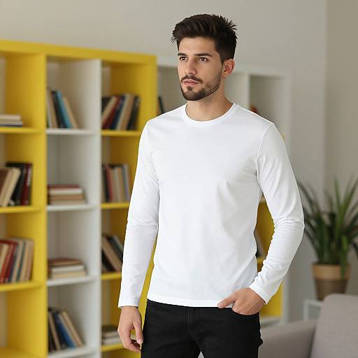 Photorealistic image of a bearded, dark-haired man in a white long-sleeve shirt and black pants, standing in a modern living room