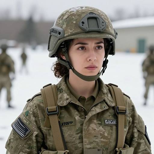 Photograph of a young female soldier in camouflage uniform with helmet, American flag patch, and 