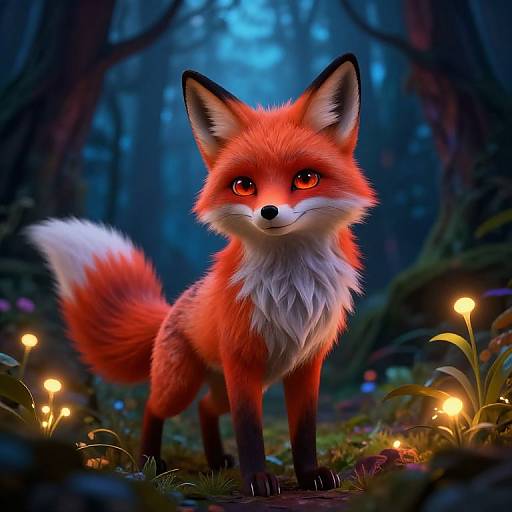 Digital artwork of a vibrant red fox with glowing red eyes, standing in a magical forest illuminated by glowing mushrooms.