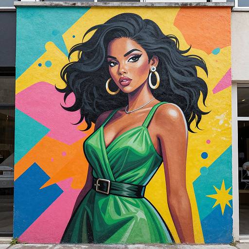 Vibrant graffiti-style digital art of a beautiful, dark-skinned woman with long, wavy black hair, wearing a green dress, large hoop