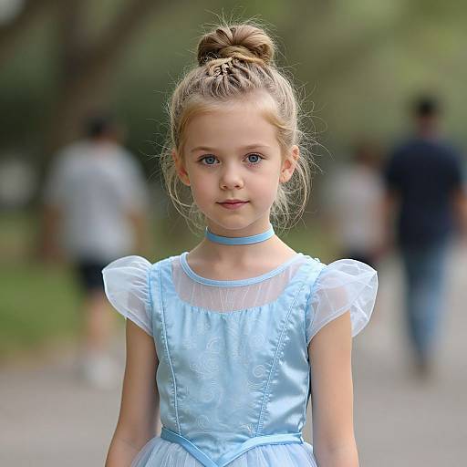 Photograph of a young blonde girl with blue eyes, wearing a light blue dress and choker, hair in a top bun, standing in a blurred