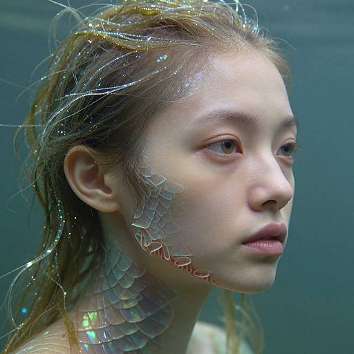 Photorealistic digital artwork of a young woman with ethereal, iridescent scales on her neck and glowing hair, underwater, gazing thoughtfully