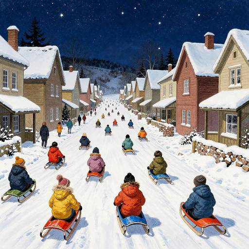 Snowy Village Sledding Under Starry Sky