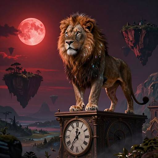 Photorealistic digital artwork of a majestic lion with a lush mane standing on a clock tower, under a red moonlit sky, with floating islands in