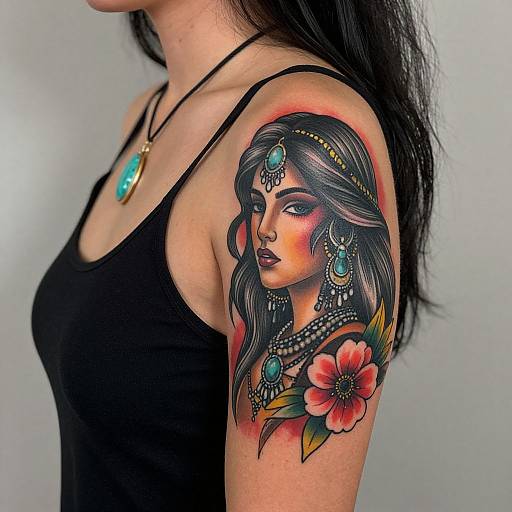 Gypsy-Inspired Vibrant Shoulder Tattoo