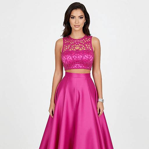 Photograph of a brunette woman with medium skin tone, wearing a pink lace crop top and high-waisted satin skirt, white watch on left wrist