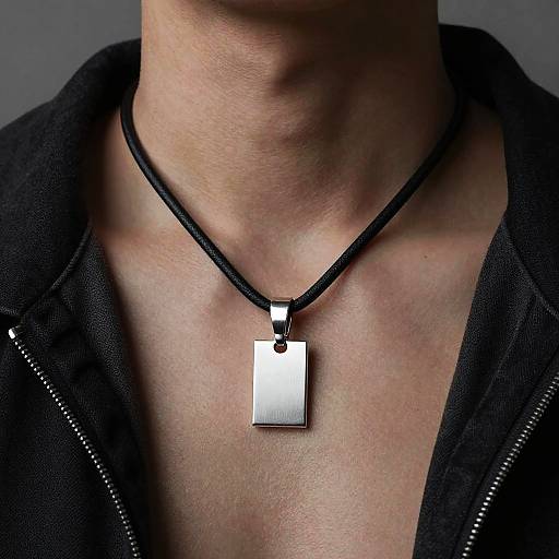 Photograph of a man's neck, wearing a black zip-up jacket, with a black cord necklace featuring a square silver pendant.