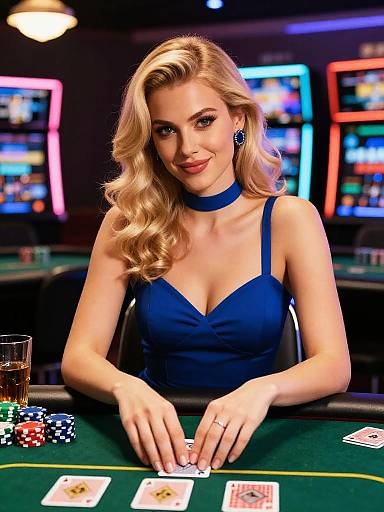 Blonde woman with wavy hair in a blue dress, sitting at a casino poker table, dealing cards, with chips and neon lights in the background