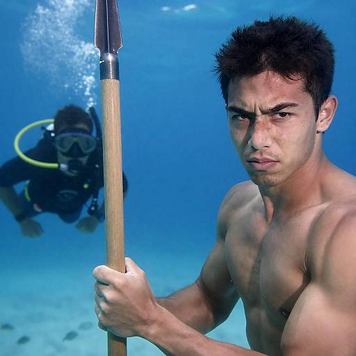Intense Underwater Warrior with Snorkeler