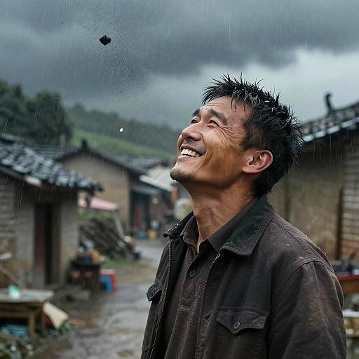 Photograph of a smiling Asian man with spiky black hair, wearing a dark brown shirt, standing in a rainy village with traditional houses and overcast