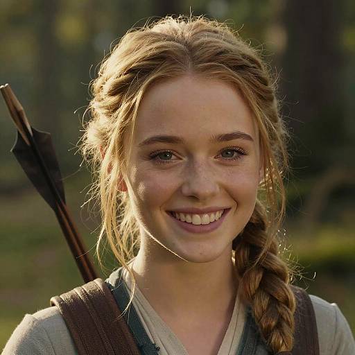 Photograph of a smiling young woman with light brown hair in a braid, wearing a gray shirt and carrying a quiver on her shoulder, standing