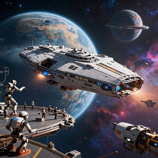 Digital artwork of a futuristic white spaceship with blue lights flying through space near a large planet and a smaller moon, with astronauts on a spacecraft deck below.