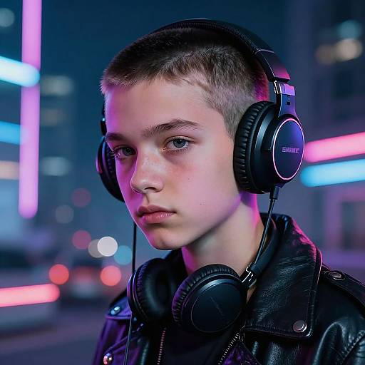 Photograph of a young, fair-skinned man with short brown hair, wearing black headphones and leather jacket, in a neon-lit city nightscape