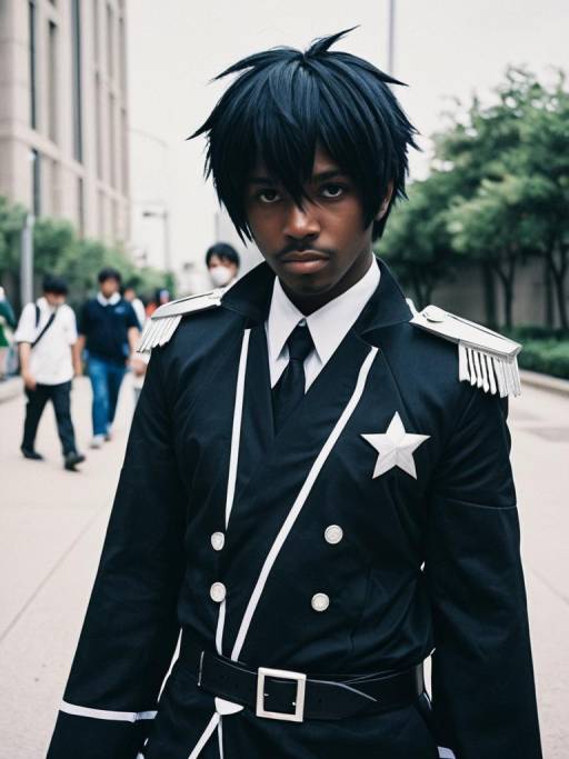 Black Male Anime Cosplay in Military-Style Uniform