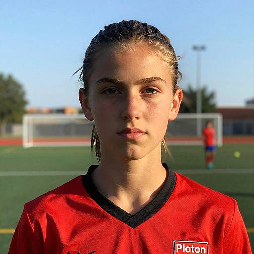Photograph of a young woman with light brown hair in a ponytail, wearing a red soccer jersey with black trim, standing on a sunny outdoor soccer