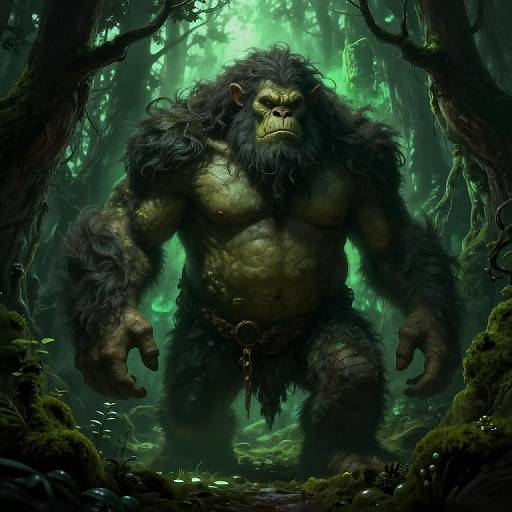 Digital fantasy artwork of a muscular, black-furred, yellow-faced ape monster with glowing green background in a dark, mossy forest.
